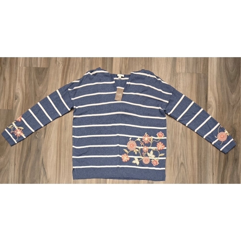 NWT J Jill Striped Floral Embroidered Hooded Pullover Sweater Size Medium